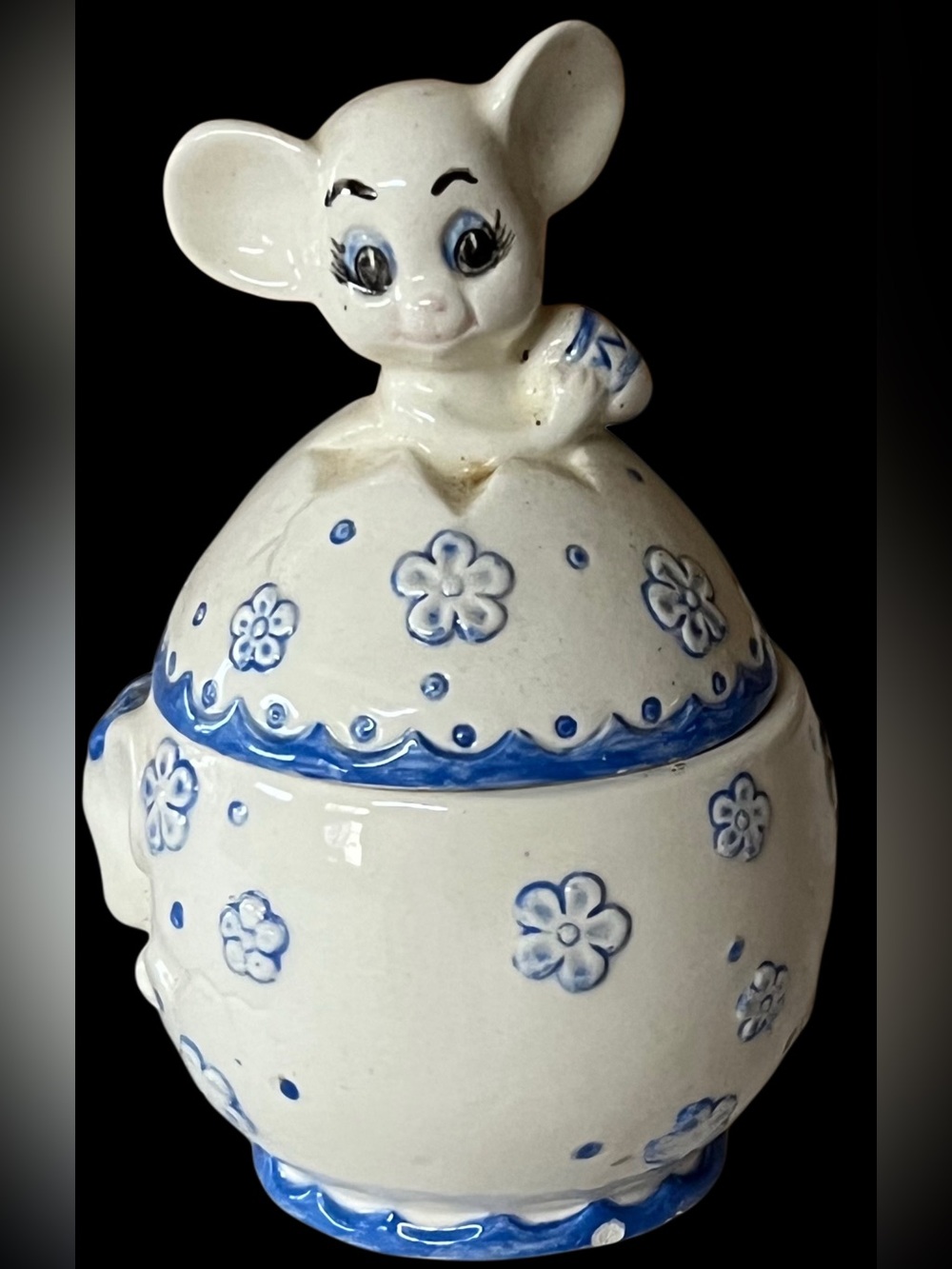Vintage White Mouse with flowers Jar ht 4 3/4”